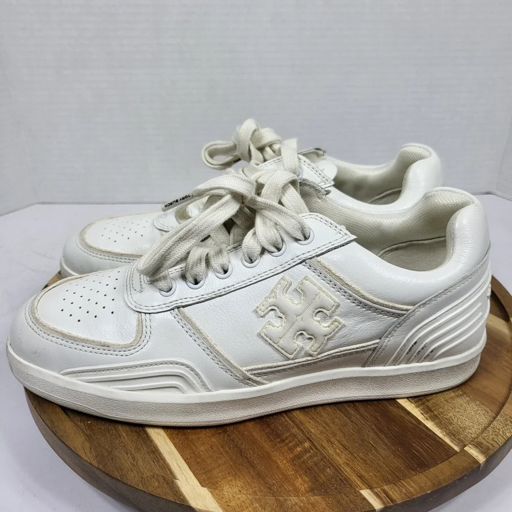 Tory Burch Sneakers Womens 5.5 White Excellent Leather Low Top Logo 152959